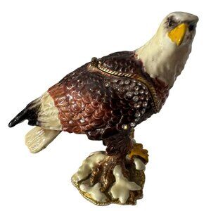 Decorative Bald Eagle Trinket Box With Rhinestone Accents & Hinged Storage
